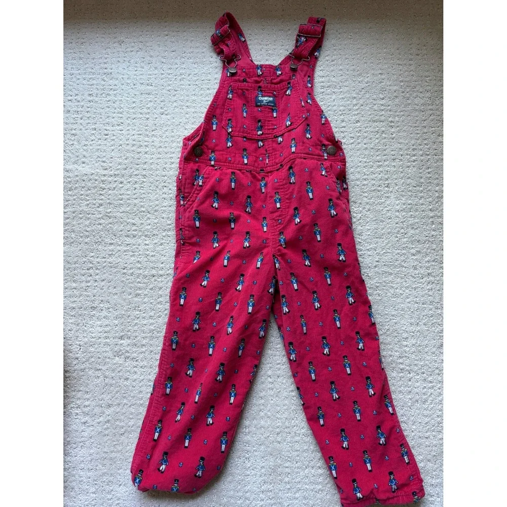 OshKosh Corduroy Overalls 5T Red Nutcracker Print Retro Heritage Schoolcore